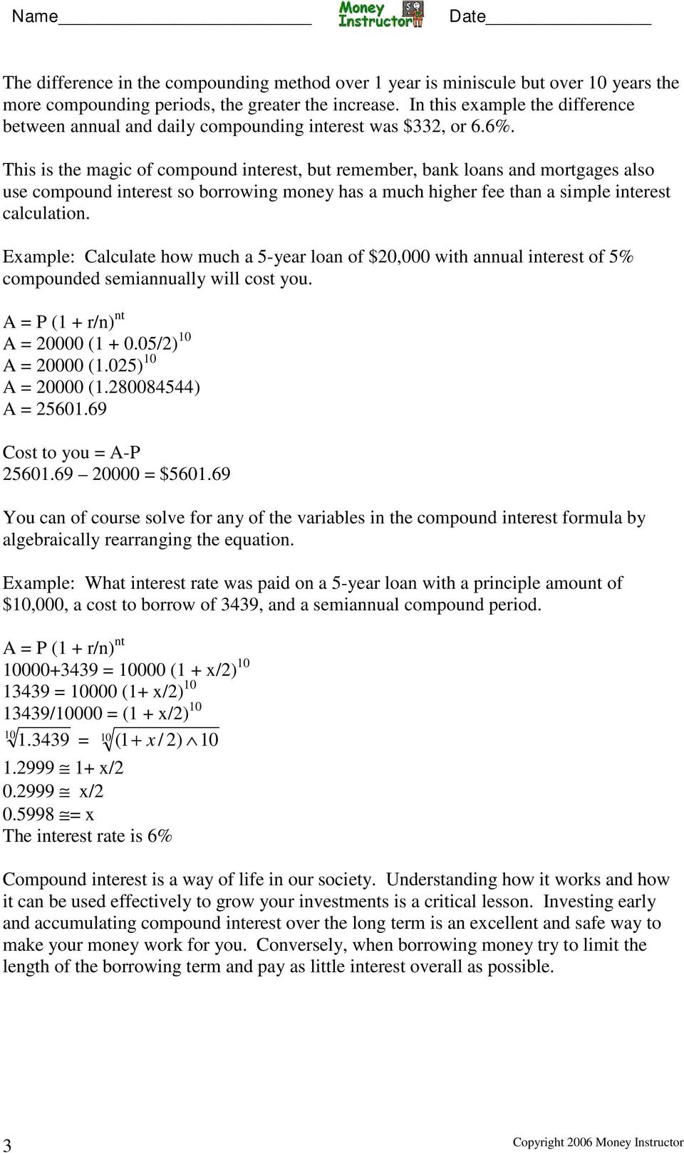 With compound interest you earn an additional $ ($ $23). - PDF With Regard To Compound Interest Worksheet Answers