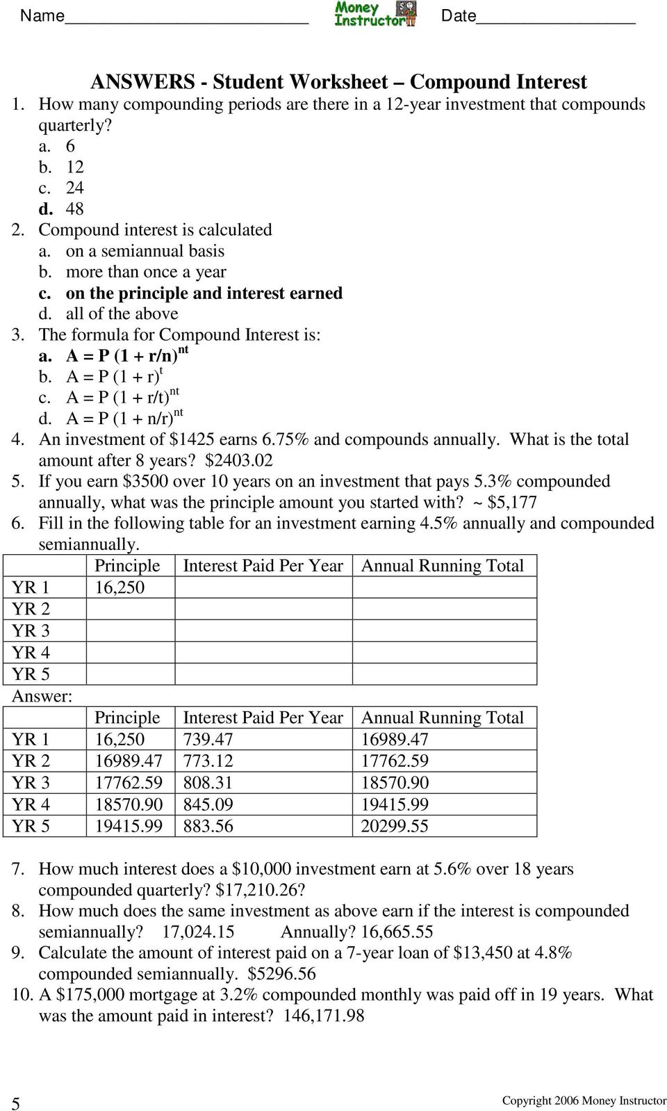 With compound interest you earn an additional $ ($ $23). - PDF In Compound Interest Worksheet Answers