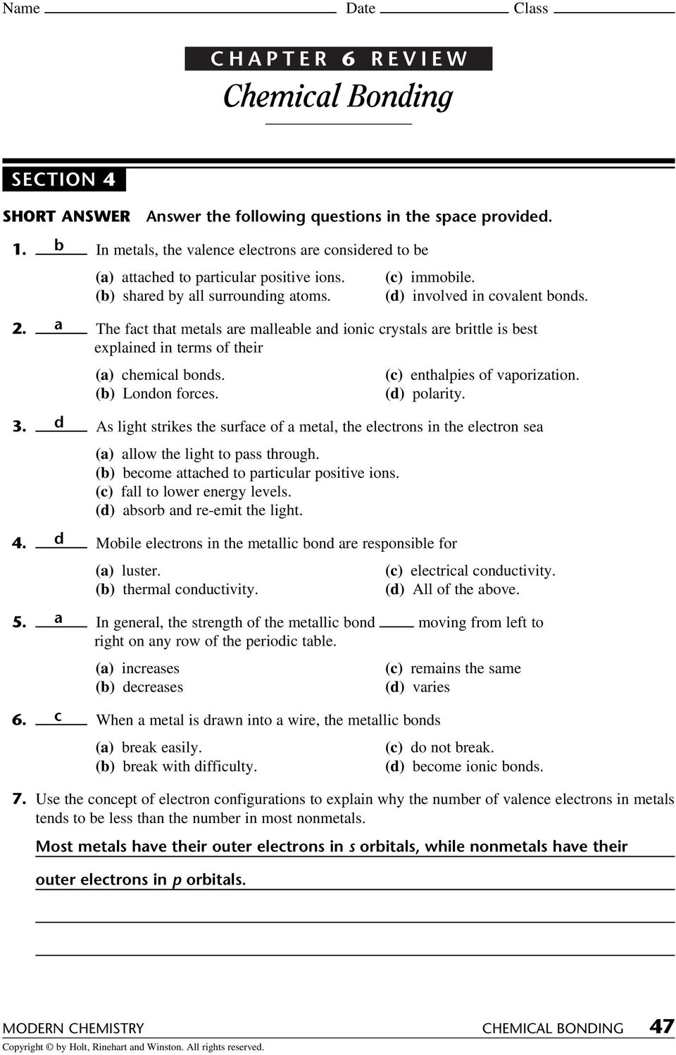 CHAPTER 11 REVIEW. Chemical Bonding. Answer the following questions Throughout Chemical Bonds Worksheet Answers