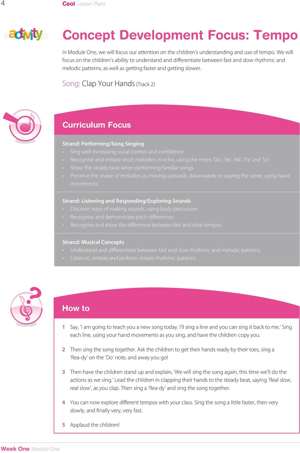 Song: Clap Your Hands (Track 2) Strand: Performing/Song Singing Sing with increasing vocal control and confidence Recognise and imitate short melodies in echo, using the notes Do, Re, Mi, Fa and So