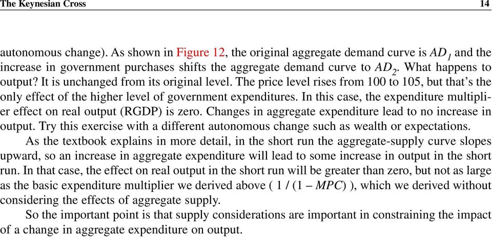 In this case, the expenditure multiplier effect on real output (RGDP) is zero. Changes in aggregate expenditure lead to no increase in output.
