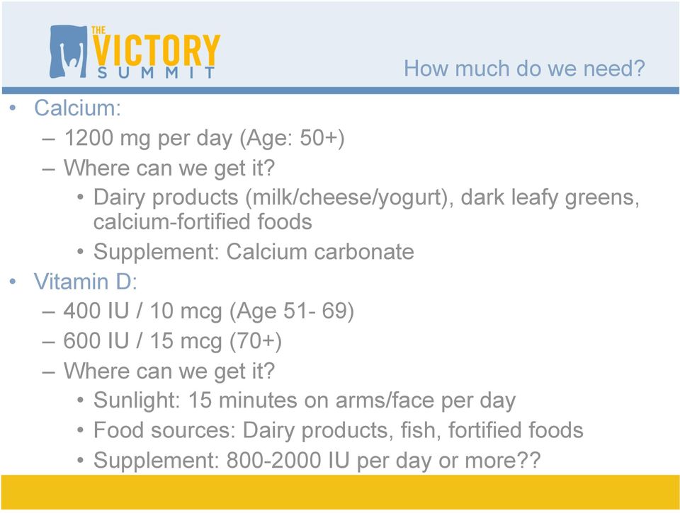 carbonate Vitamin D: 400 IU / 10 mcg (Age 51-69) 600 IU / 15 mcg (70+) Where can we get it?