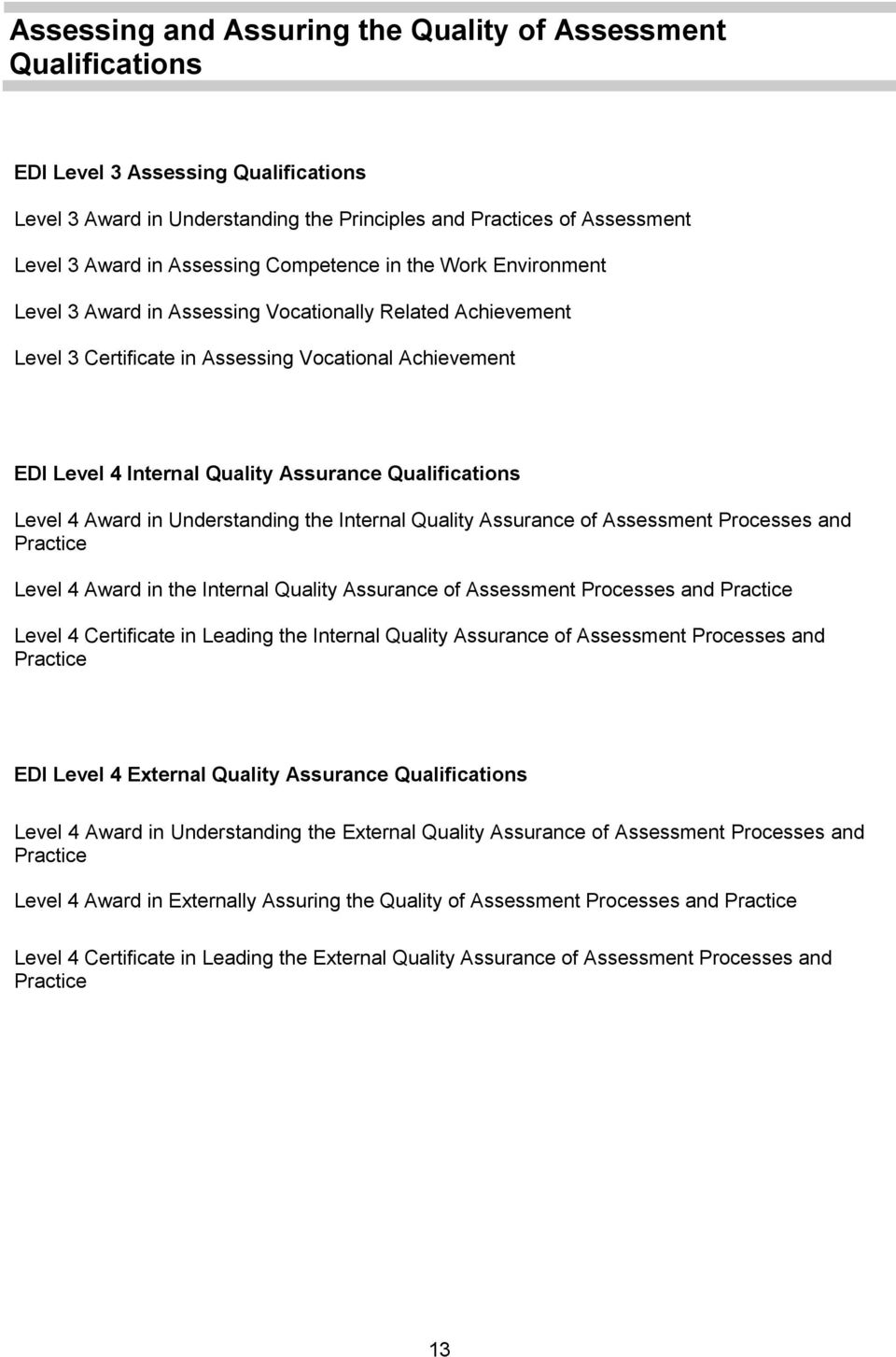 Qualifications Level 4 Award in Understanding the Internal Quality Assurance of Assessment Processes and Practice Level 4 Award in the Internal Quality Assurance of Assessment Processes and Practice