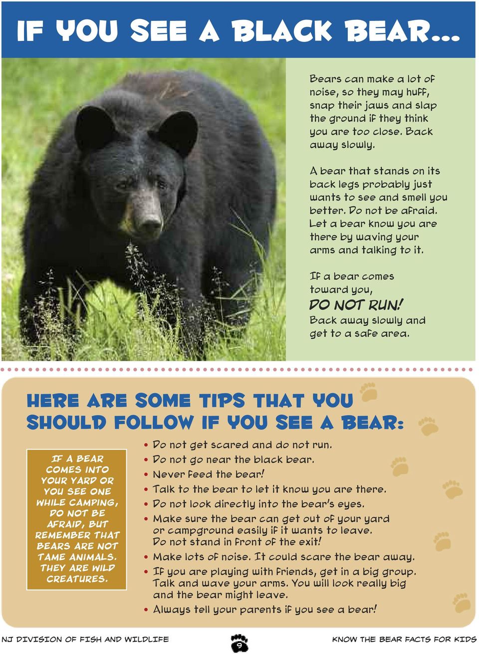 If a bear comes toward you, DO NOT RUN! Back away slowly and get to a safe area.