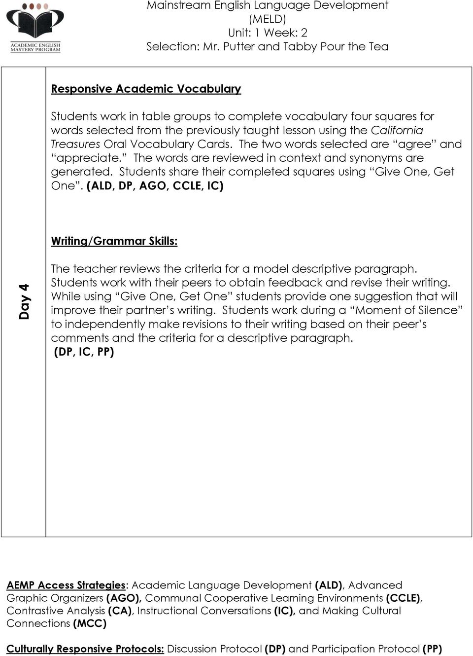 (ALD, DP, AGO, CCLE, IC) Writing/Grammar Skills: Day 4 The teacher reviews the criteria for a model descriptive paragraph. Students work with their peers to obtain feedback and revise their writing.
