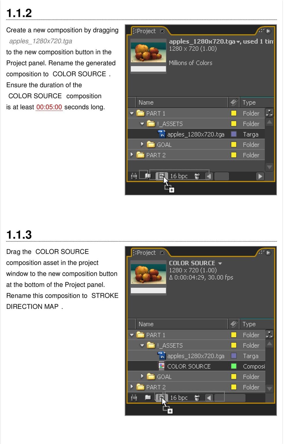 Ensure the duration of the COLOR SOURCE composition is at least 00:05:00 seconds long. 1.