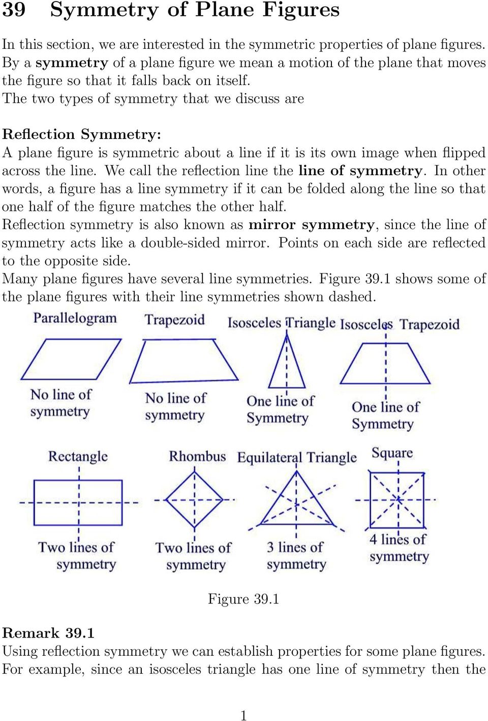The two types of symmetry that we discuss are Reflection Symmetry: A plane figure is symmetric about a line if it is its own image when flipped across the line.