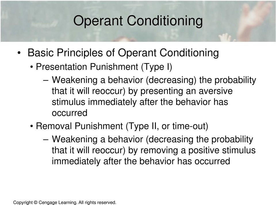 occurred Removal Punishment (Type II, or time-out) Weakening a behavior (decreasing the probability that it will reoccur)