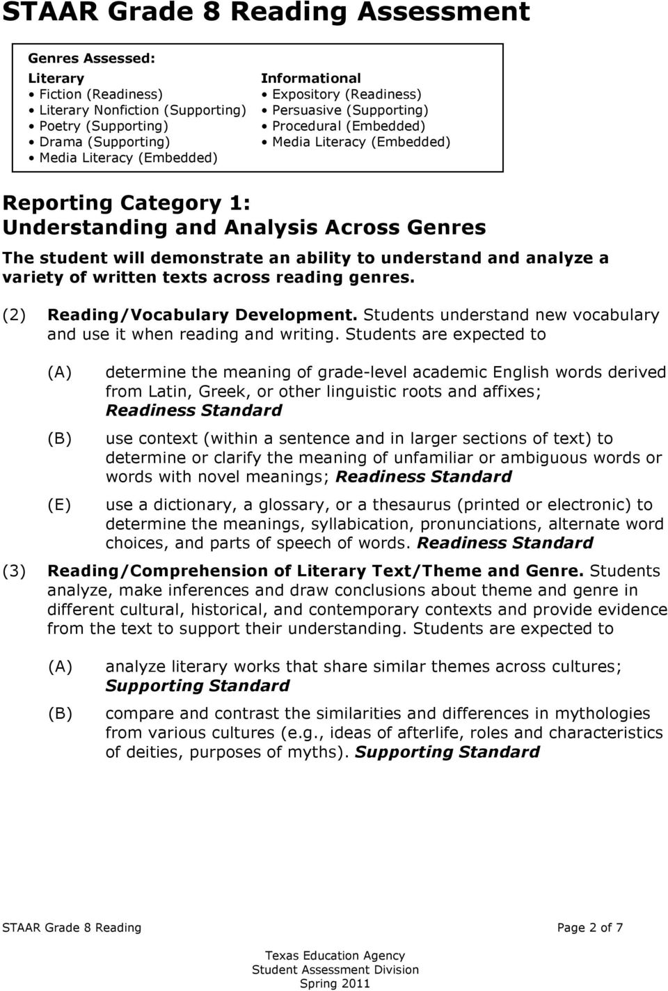 to understand and analyze a variety of written texts across reading genres. (2) Reading/Vocabulary Development. Students understand new vocabulary and use it when reading and writing.