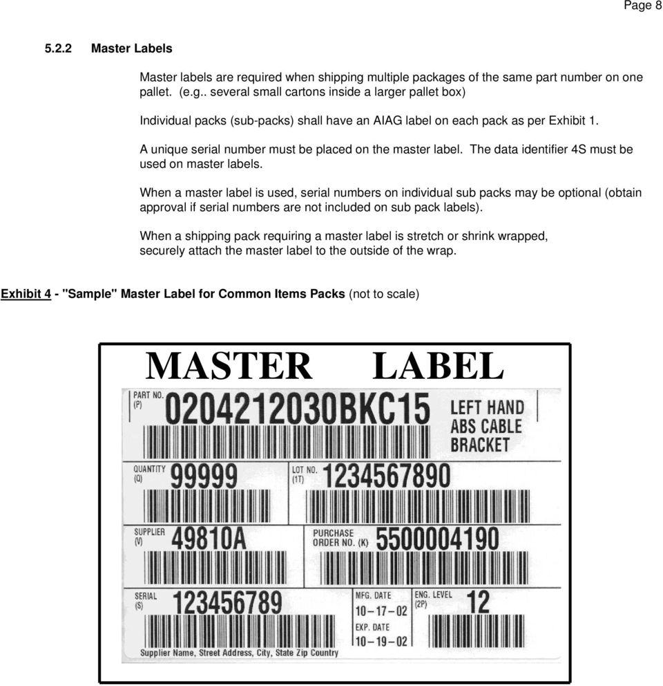When a master label is used, serial numbers on individual sub packs may be optional (obtain approval if serial numbers are not included on sub pack labels).