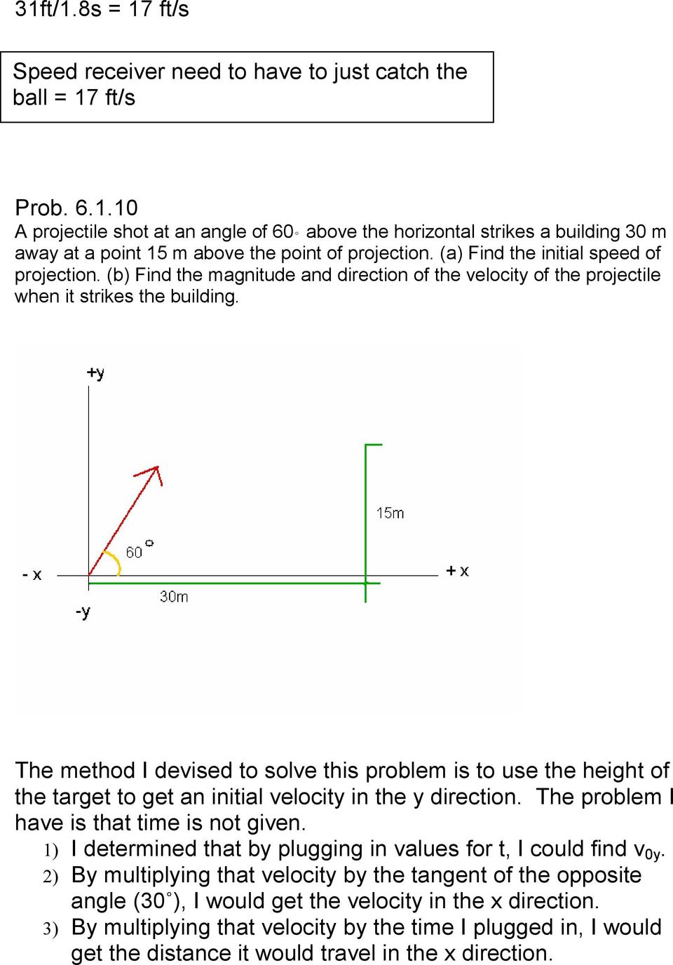 The method I devised to solve this problem is to use the height of the target to get an initial velocity in the y direction. The problem I have is that time is not given.