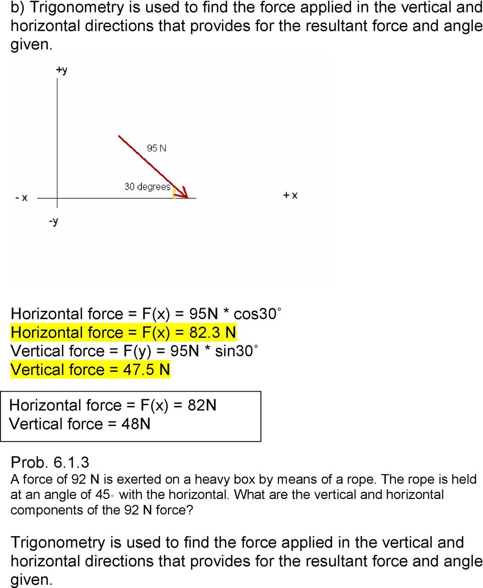 5 N Horizontal force = F(x) = 82N Vertical force = 48N Prob. 6.1.3 A force of 92 N is exerted on a heavy box by means of a rope.