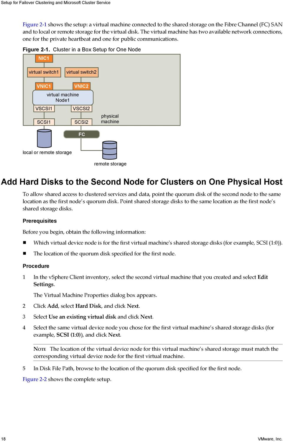 Cluster in a Box Setup for One Node NIC1 virtual switch1 virtual switch2 VNIC1 VSCSI1 SCSI1 virtual machine Node1 VNIC2 VSCSI2 SCSI2 physical machine FC local or remote storage remote storage Add