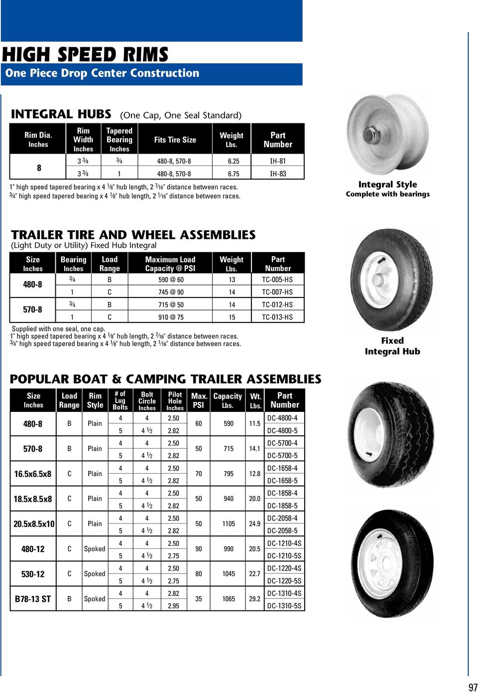 Integral Style Complete with bearings Trailer Tire and Wheel Assemblies (Light Duty or Utility) Fixed Integral 480-8 570-8 Bearing Load Maximum Load Range Capacity @ PSI 3 4 B 590 @ 60 13 TC-005-HS 1