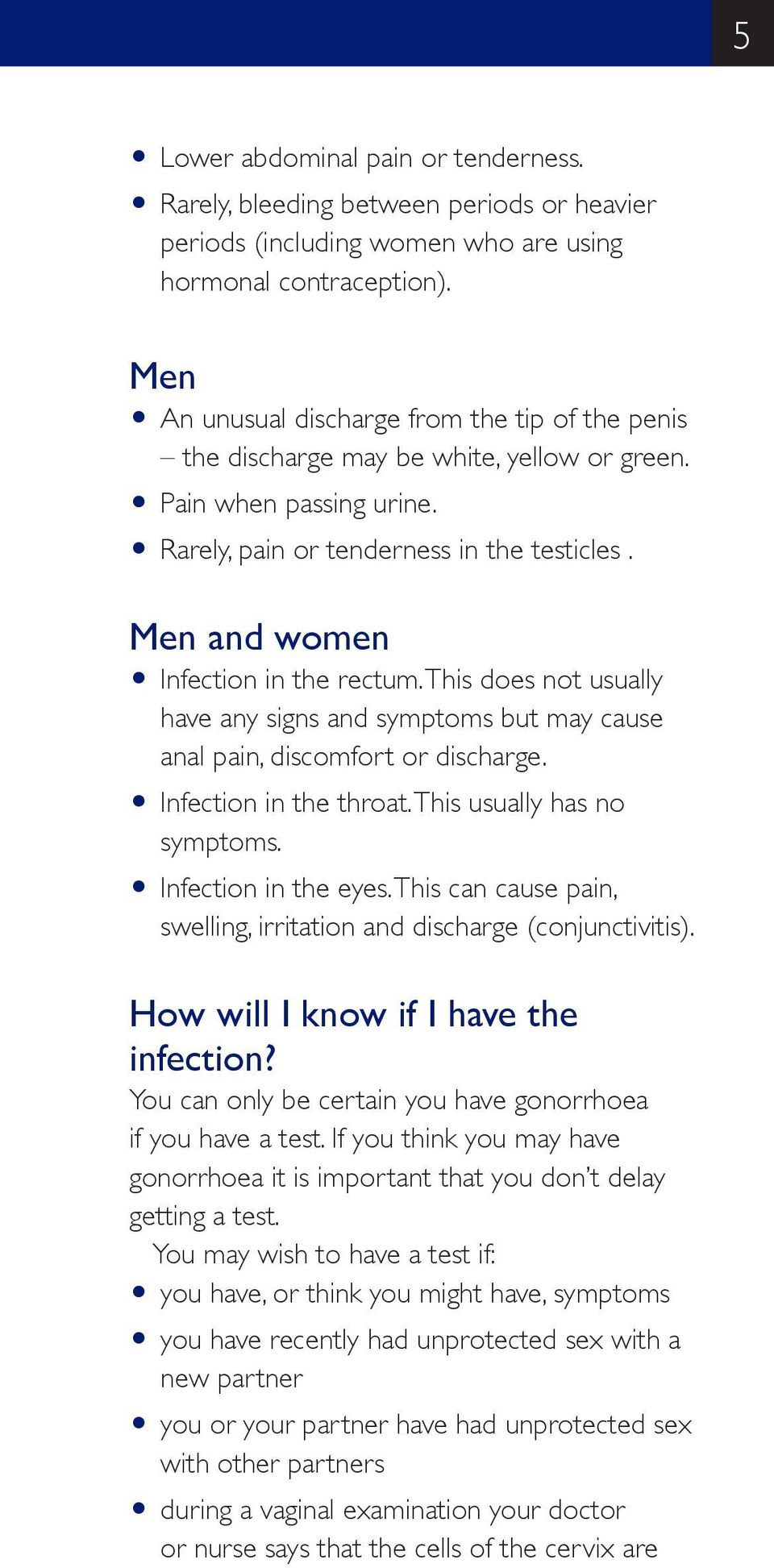 Men and women O Infection in the rectum. This does not usually have any signs and symptoms but may cause anal pain, discomfort or discharge. O Infection in the throat. This usually has no symptoms.