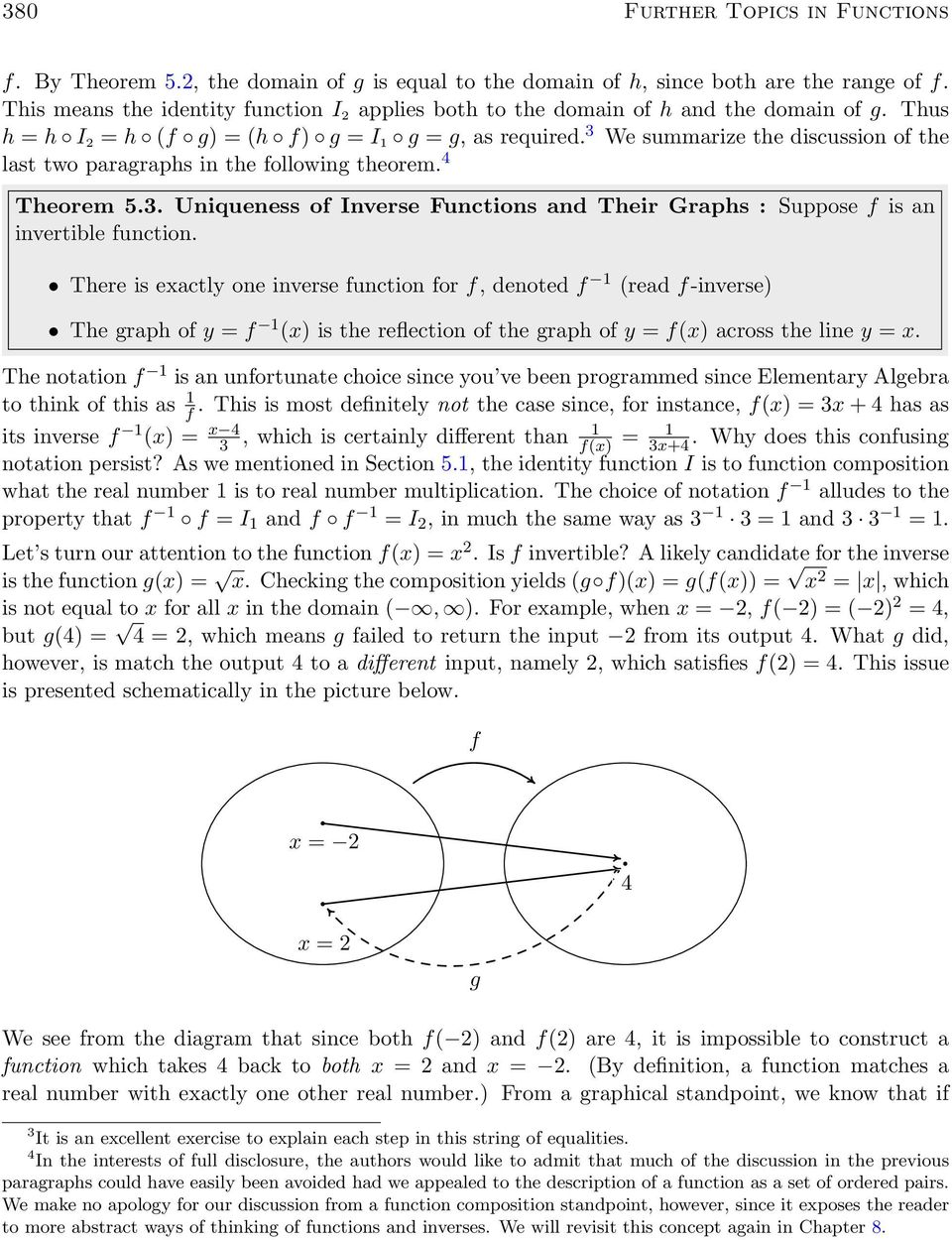 We summarize the discussion of the last two paragraphs in the following theorem. Theorem.. Uniqueness of Inverse Functions and Their Graphs : Suppose f is an invertible function.