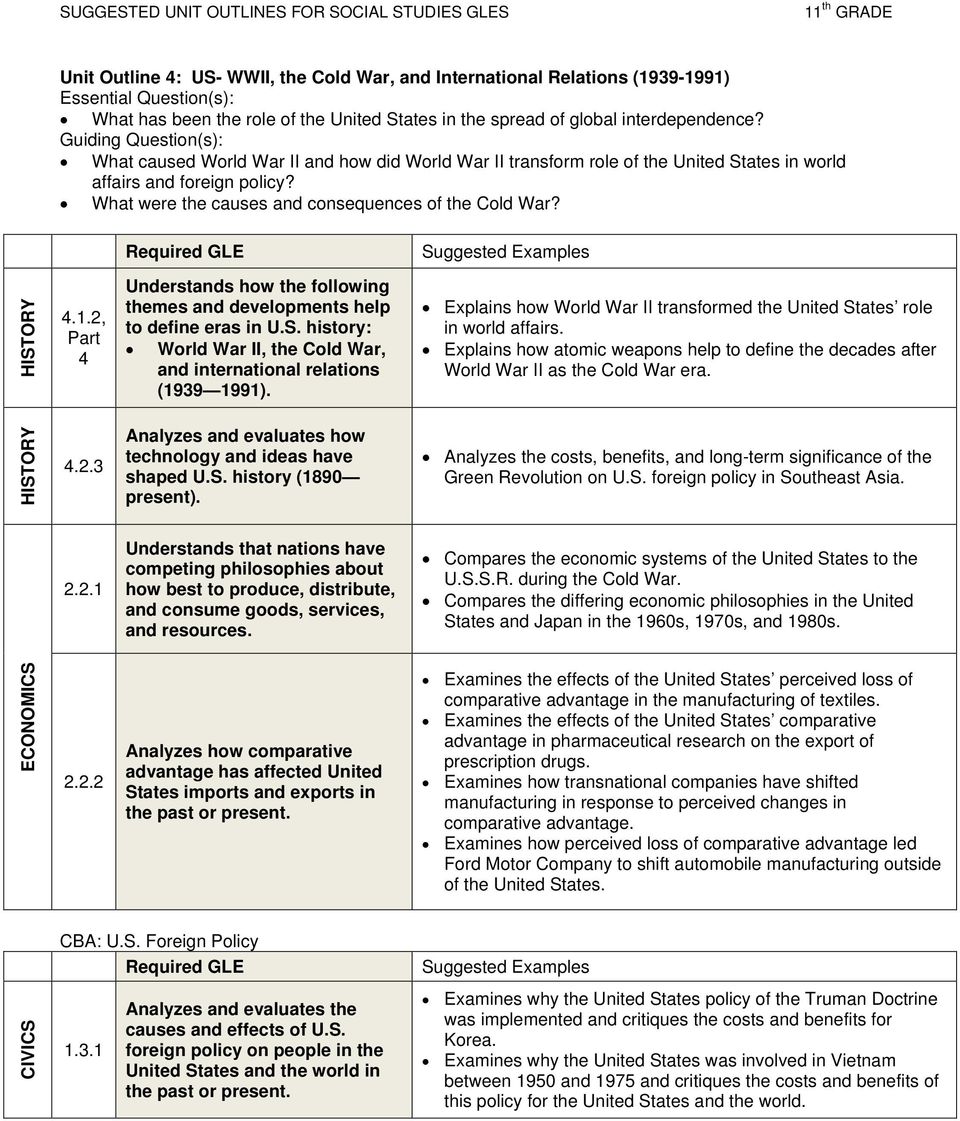 4 Understands how the following themes and developments help to define eras in U.S. history: World War II, the Cold War, and international relations (1939 1991).