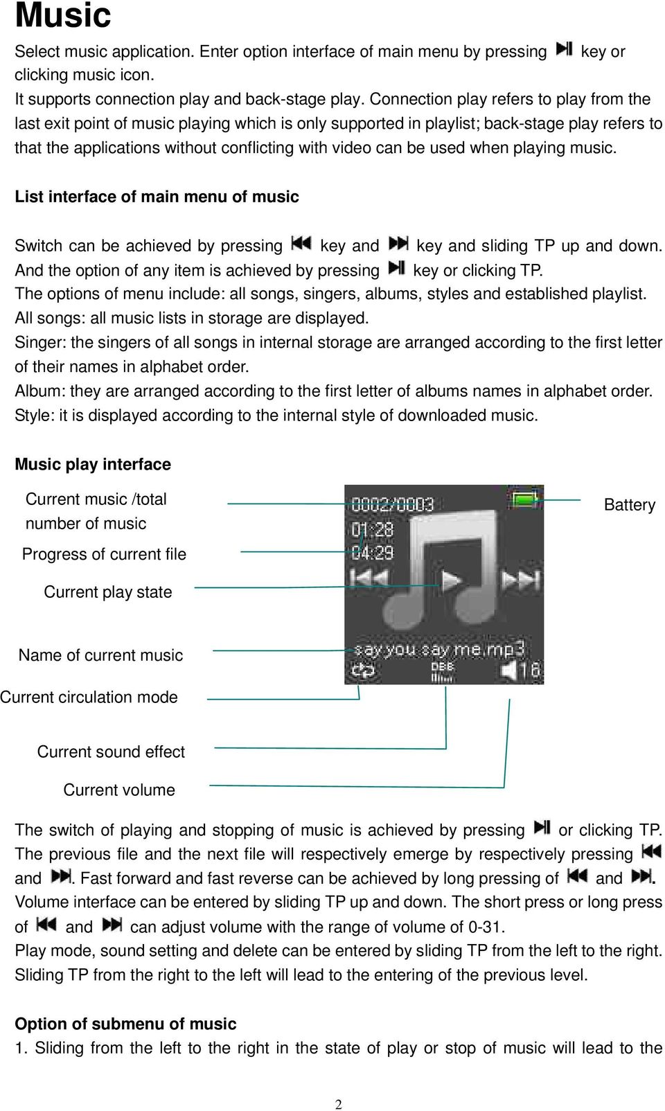 used when playing music. List interface of main menu of music Switch can be achieved by pressing key and key and sliding TP up and down.
