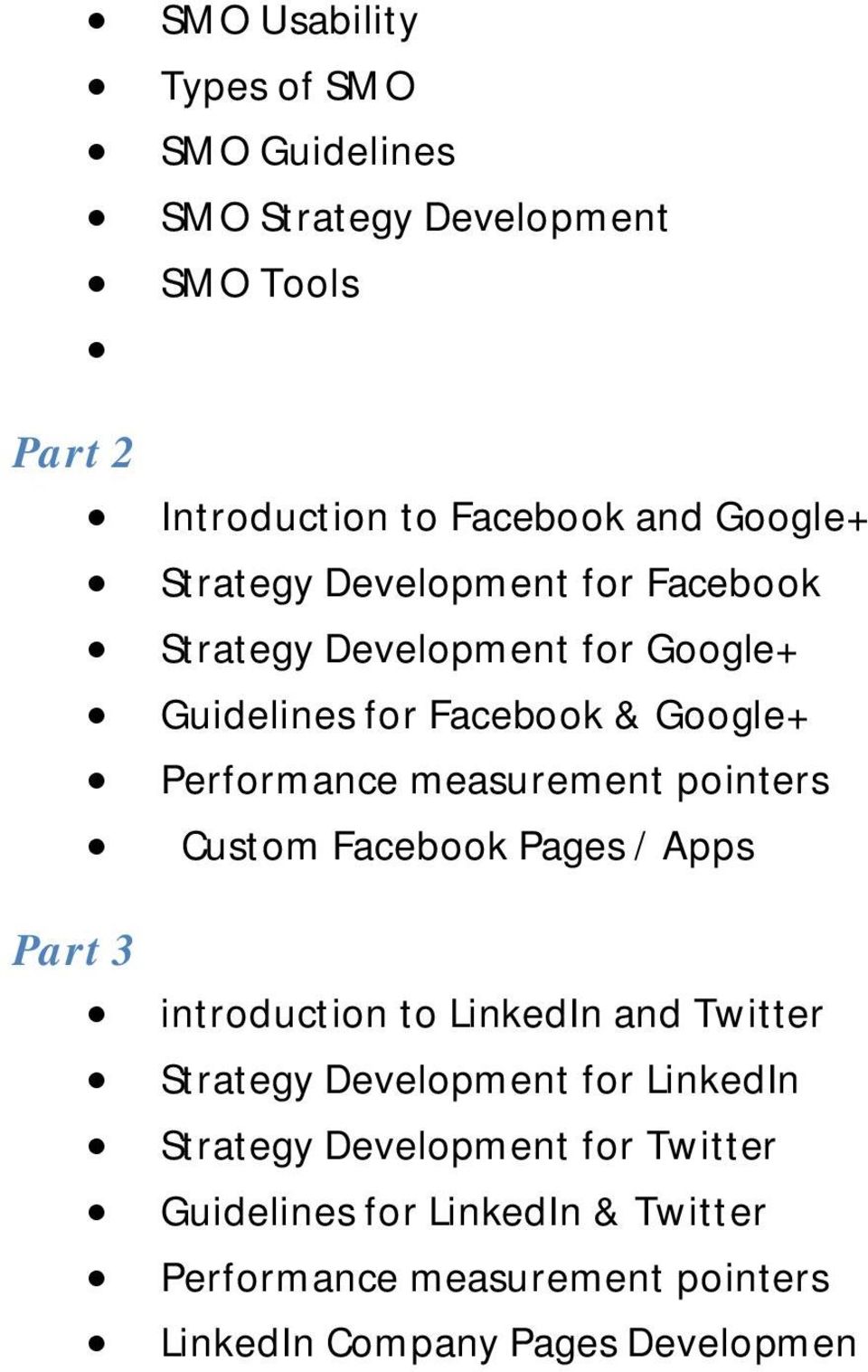 measurement pointers Custom Facebook Pages / Apps introduction to LinkedIn and Twitter Strategy Development for LinkedIn