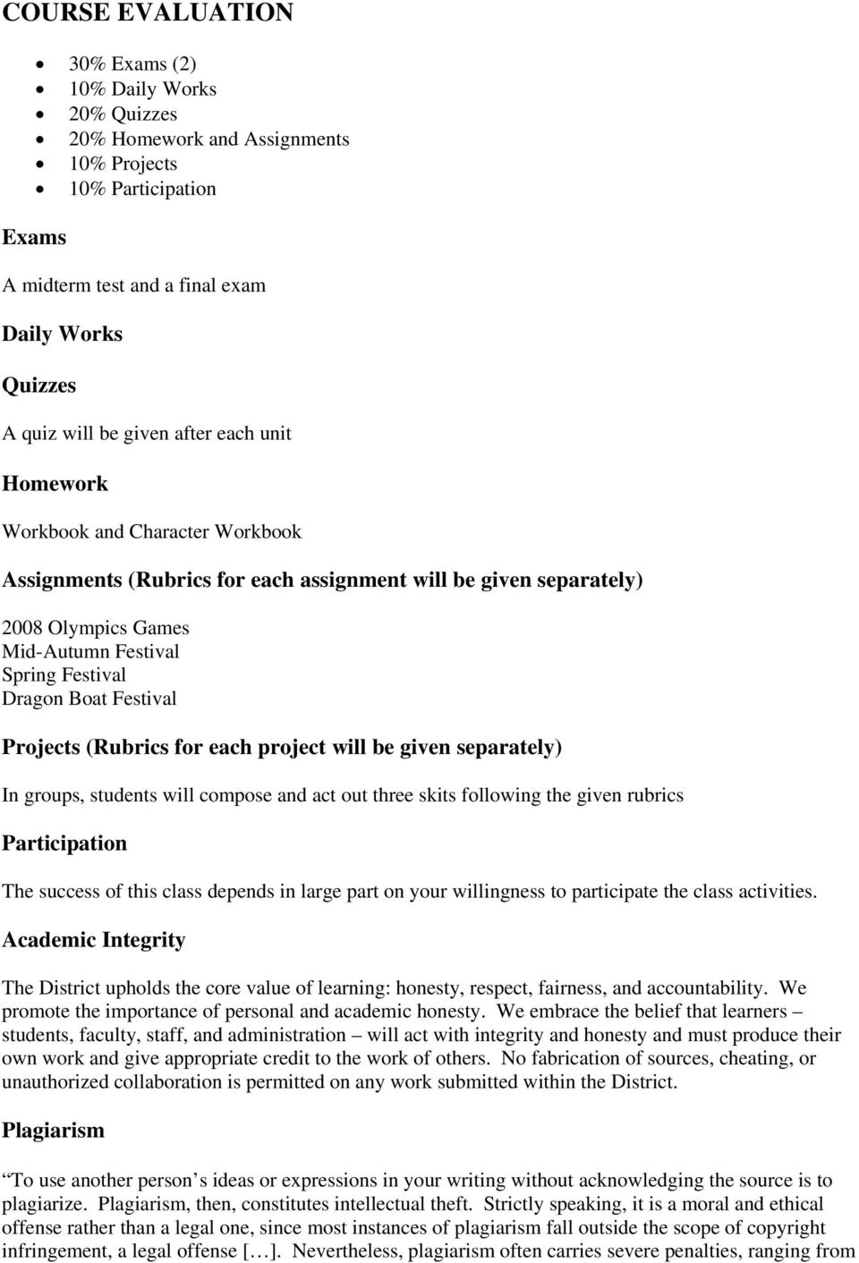 Festival Projects (Rubrics for each project will be given separately) In groups, students will compose and act out three skits following the given rubrics Participation The success of this class