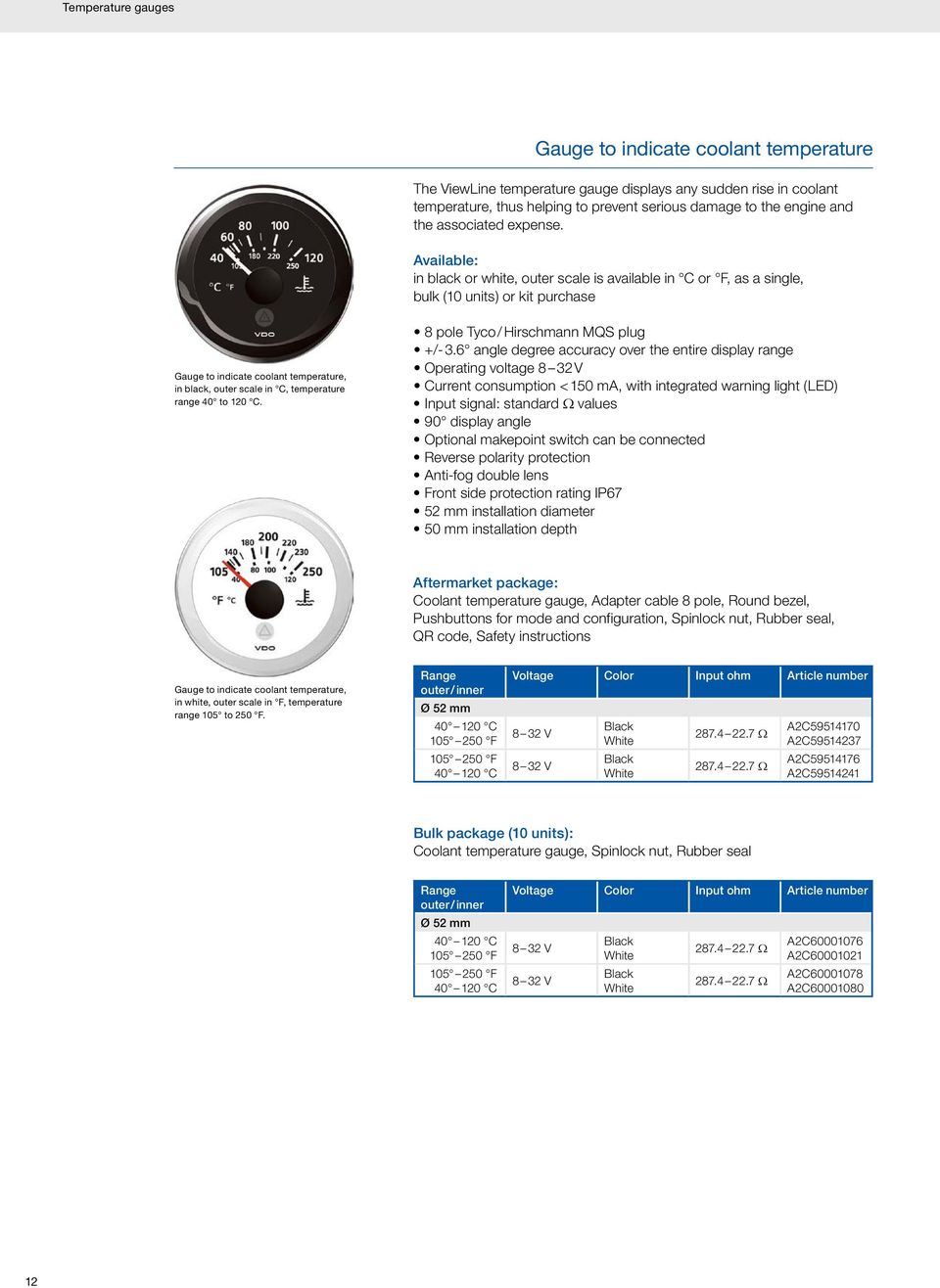 Available: in black or white, outer scale is available in C or F, as a single, bulk (10 units) or kit purchase Gauge to indicate coolant temperature, in black, outer scale in C, temperature range 40
