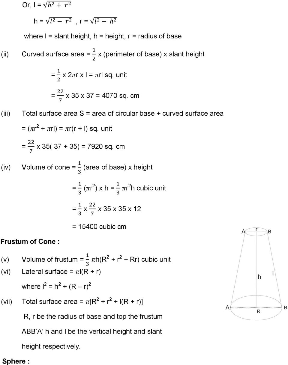 cm (iv) Volume of cone = (area of base) x height = (πr 2 ) x h = πr 2 h cubic unit = x x 35 x 35 x 12 = 15400 cubic cm Frustum of Cone : (v) Volume of frustum = πh(r 2 + r 2 + Rr) cubic