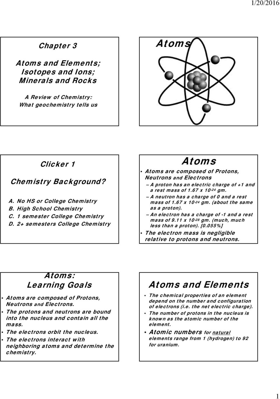 2+ semesters College Chemistry Atoms Atoms are composed of Protons, Neutrons and Electrons A proton has an electric charge of +1 and a rest mass of 1.67 x 10-24 gm.