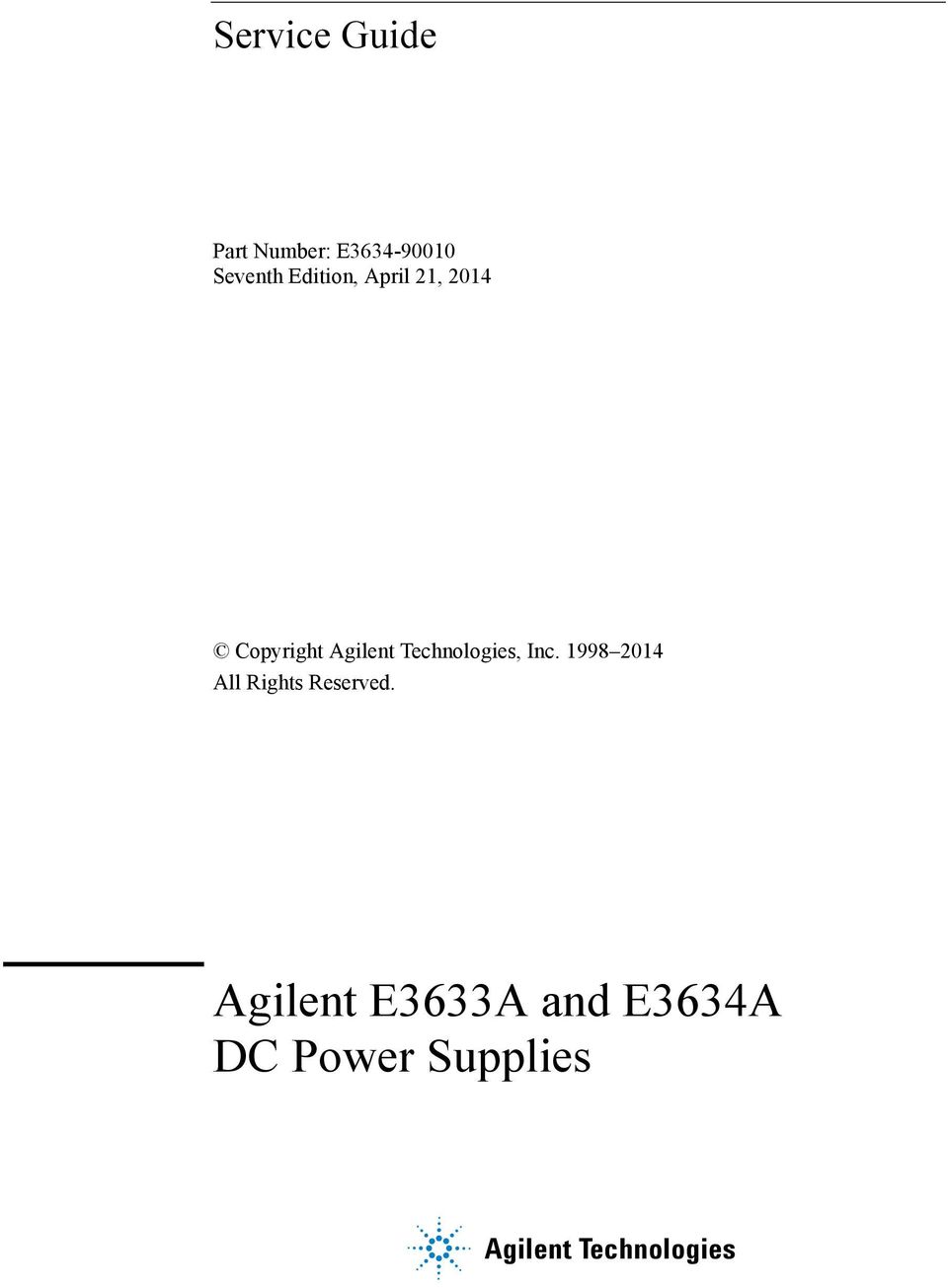 Agilent E3634-90001 E3633A HP E3634A DC Power Supplies User's Guide 