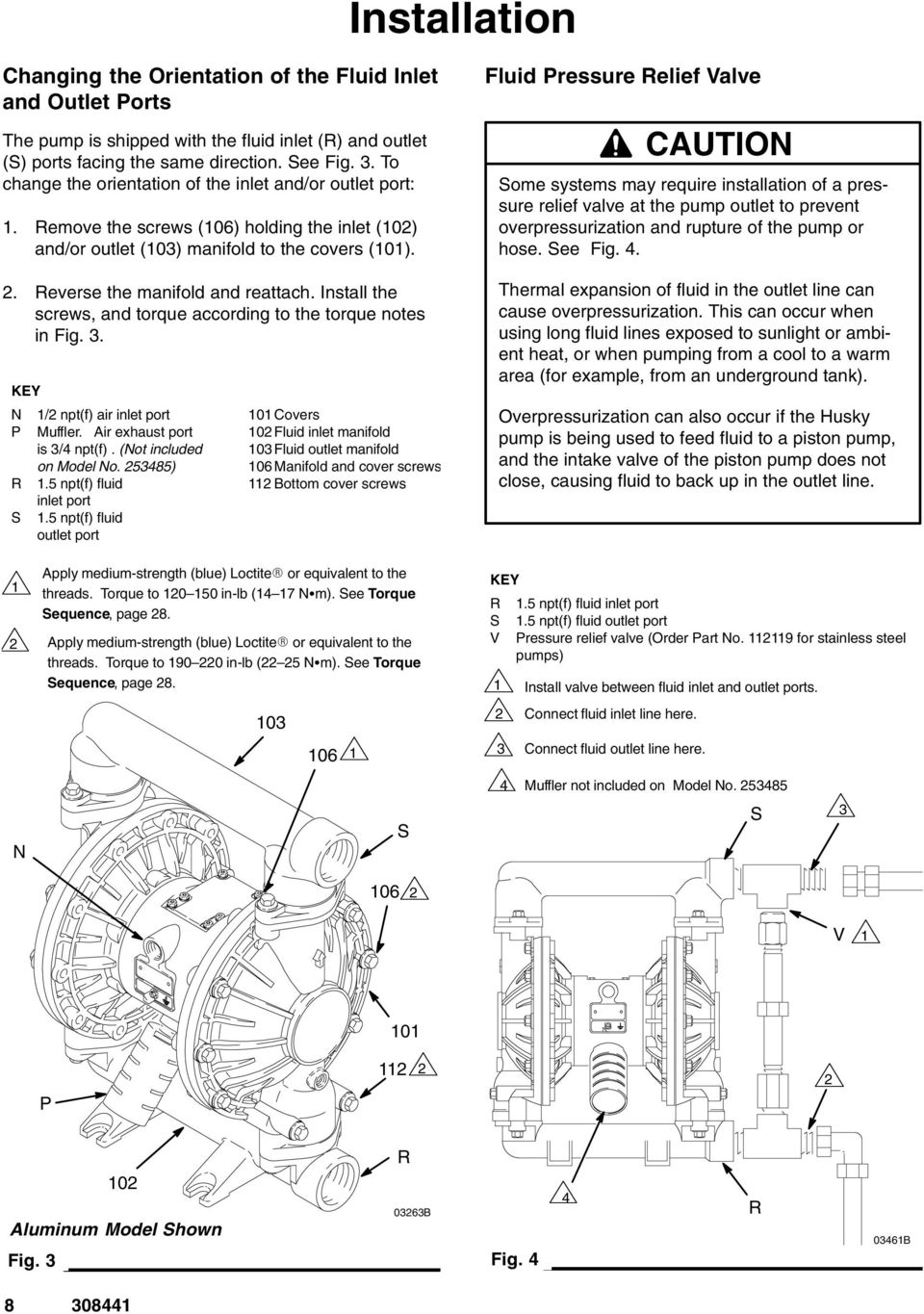 Install the screws, and torque according to the torque notes in Fig.. KEY N / npt(f) air inlet port P Muffler. Air exhaust port is /4 npt(f). (Not included on Model No. 5485) R.