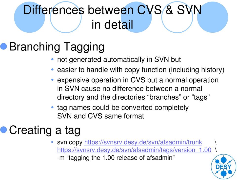 normal directory and the directories branches or tags tag names could be converted completely SVN and CVS same format svn copy