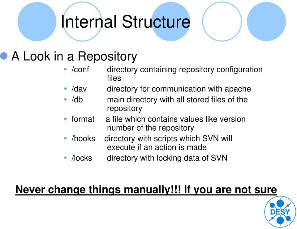 file which contains values like version number of the repository /hooks directory with scripts which SVN will