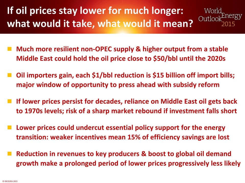 off import bills; major window of opportunity to press ahead with subsidy reform If lower prices persist for decades, reliance on Middle East oil gets back to 1970s levels; risk of a sharp market