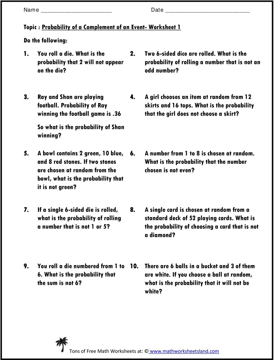 Topic Probability Of A Complement Of An Event Worksheet 1 Do The Following Pdf Free Download