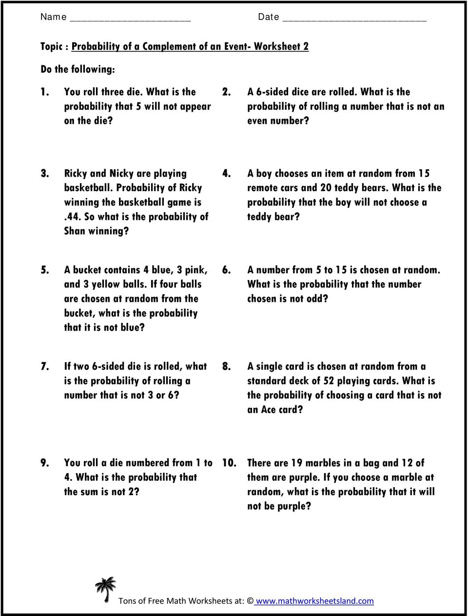 Topic : Probability of a Complement of an Event- Worksheet 11. Do With Simple Probability Worksheet Pdf