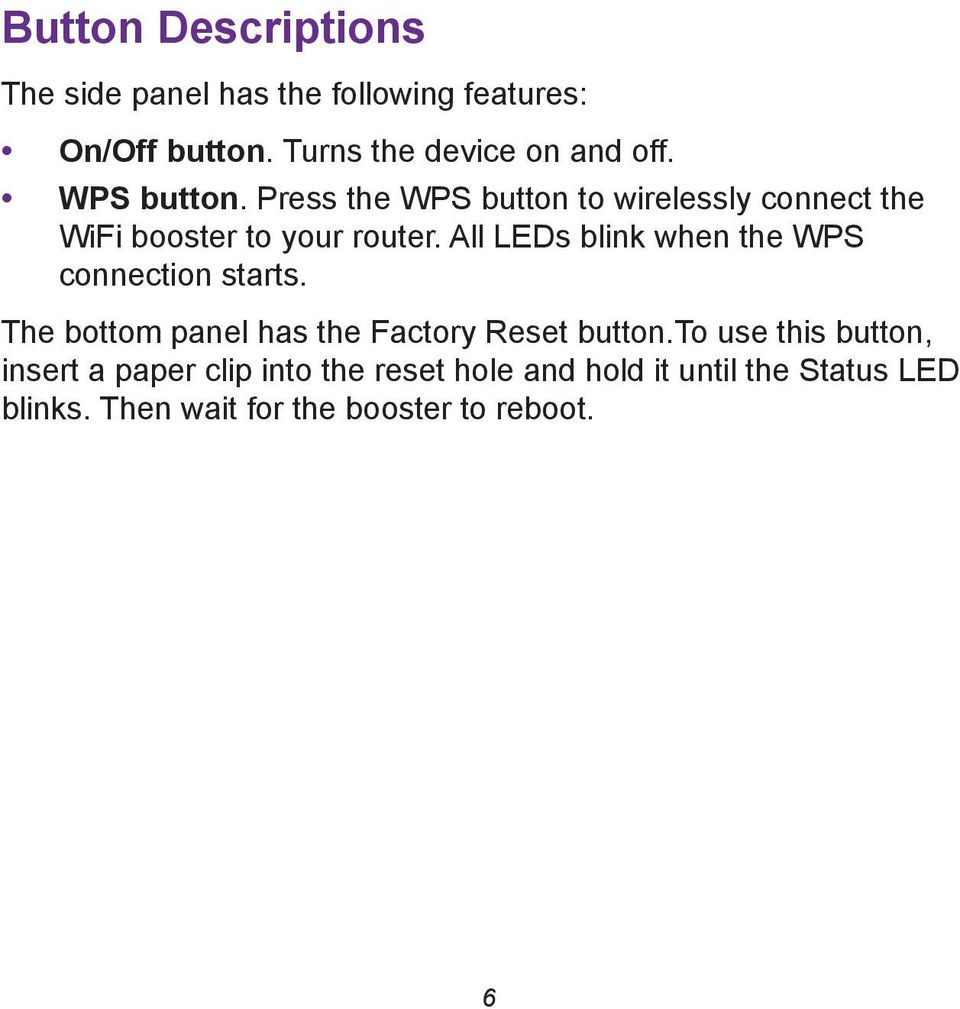 All LEDs blink when the WPS connection starts. The bottom panel has the Factory Reset button.
