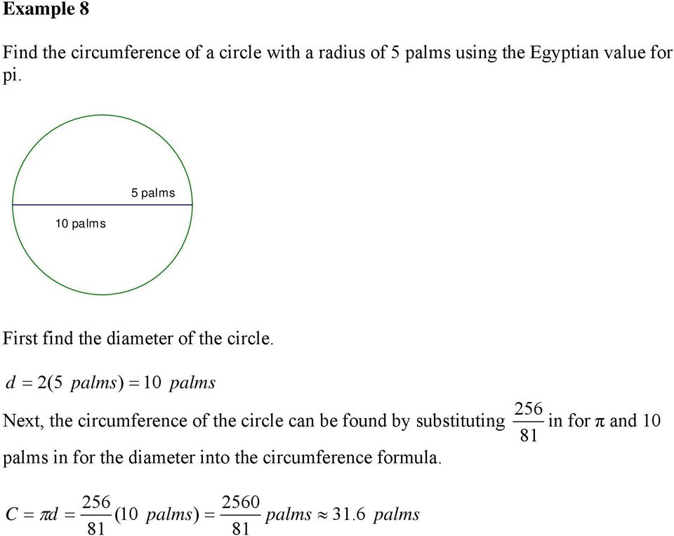d = (5 palms) = 10 palms 56 Next, the circumference of the circle can be found by