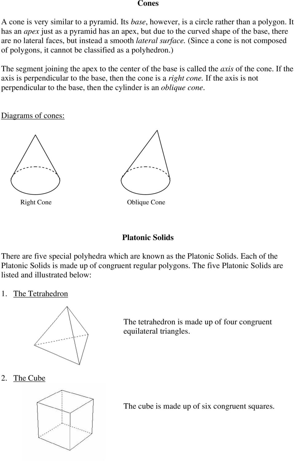(Since a cone is not composed of polygons, it cannot be classified as a polyhedron.) The segment joining the apex to the center of the base is called the axis of the cone.