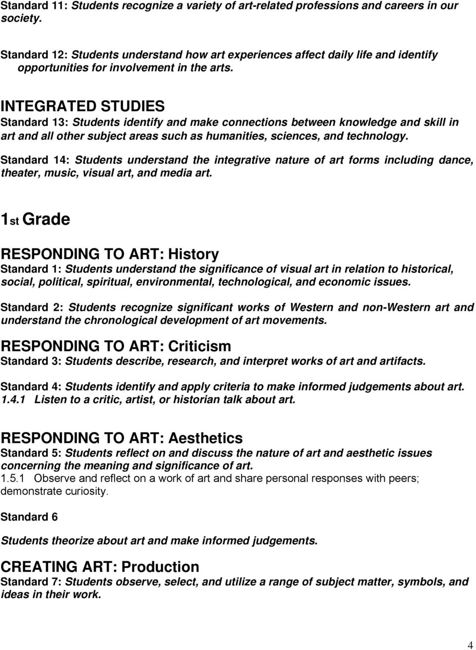 1st Grade understand the chronological development of art movements. RESPONDING TO ART: Criticism Standard 3: Students describe, research, and interpret works of art and artifacts. 1.4.