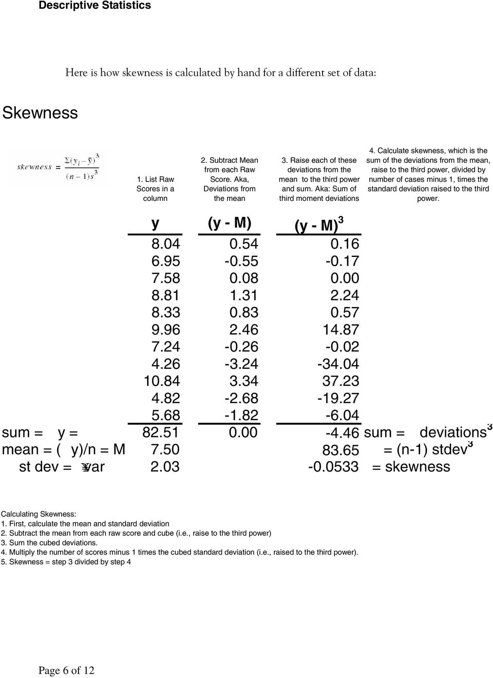 Calculate skewness, which is the sum of the deviations from the mean, raise to the third power, divided by number of cases minus 1, times the standard deviation raised to the third power.