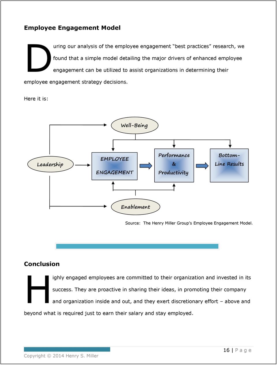 Here it is: Well-Being Leadership EMPLOYEE Performance & Bottom- Line Results ENGAGEMENT Productivity Enablement Source: The Henry Miller Group s Employee Engagement Model.