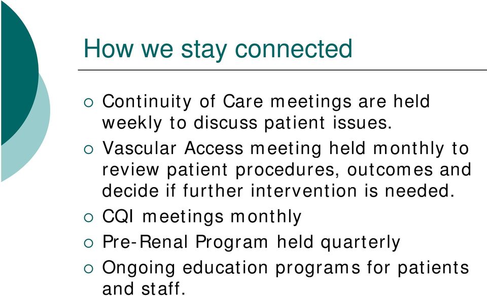 Vascular Access meeting held monthly to review patient procedures, outcomes and