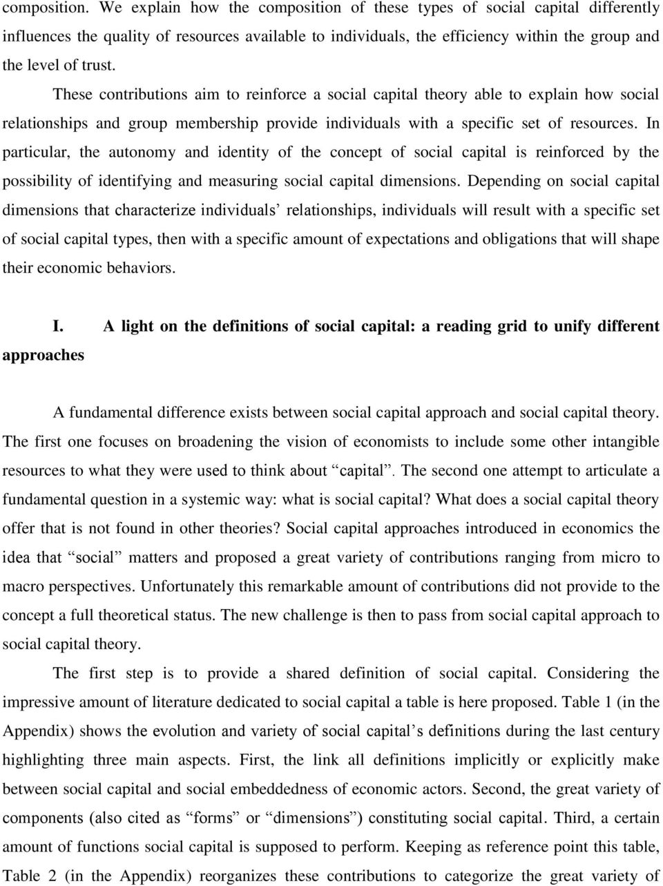 These contributions aim to reinforce a social capital theory able to explain how social relationships and group membership provide individuals with a specific set of resources.