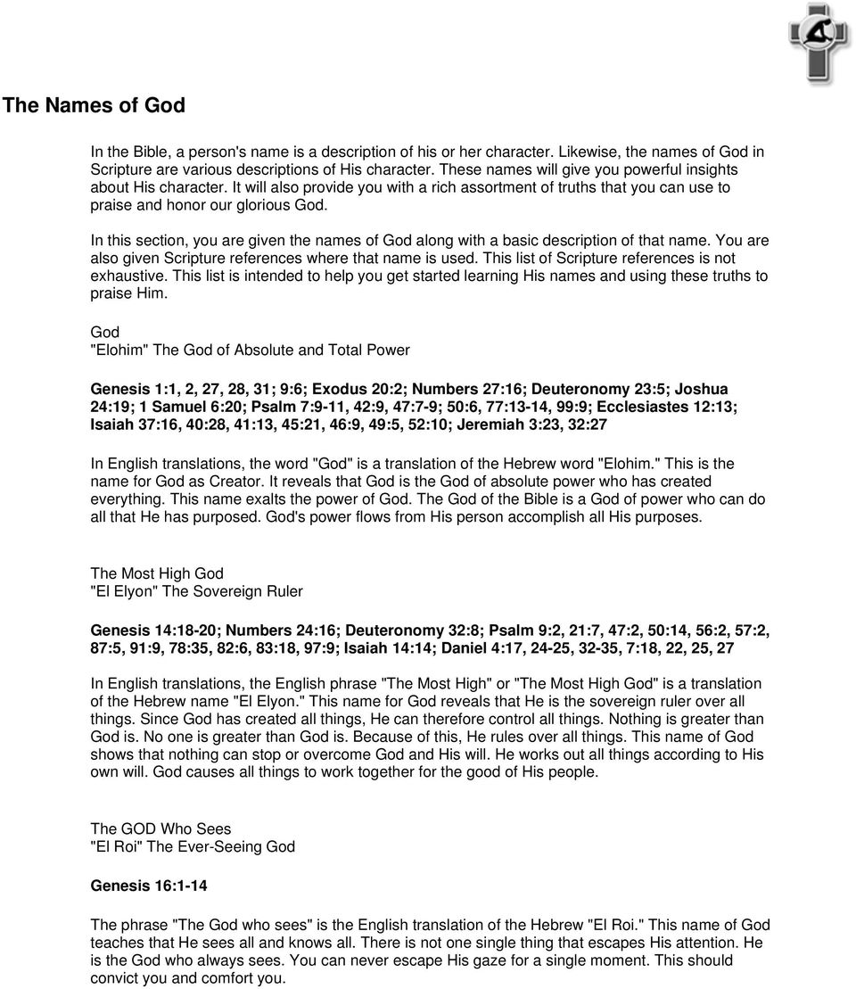 The Names Of God God Elohim The God Of Absolute And Total Power