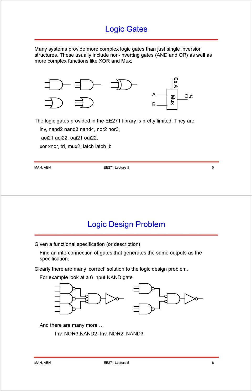 They are: inv, nand2 nand3 nand4, nor2 nor3, aoi21 aoi22, oai21 oai22, xor xnor, tri, mux2, latch latch_b MAH, AEN EE271 Lecture 5 5 Logic Design Problem Given a functional specification (or