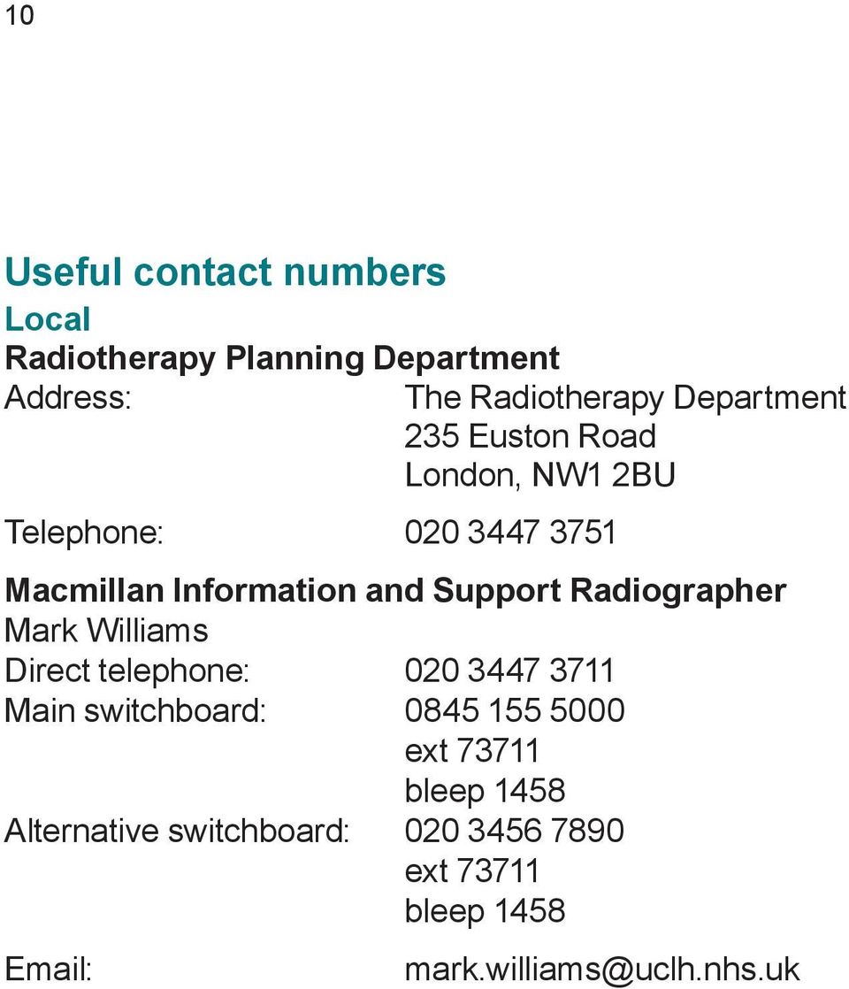 Support Radiographer Mark Williams Direct telephone: 020 3447 3711 Main switchboard: 0845 155 5000