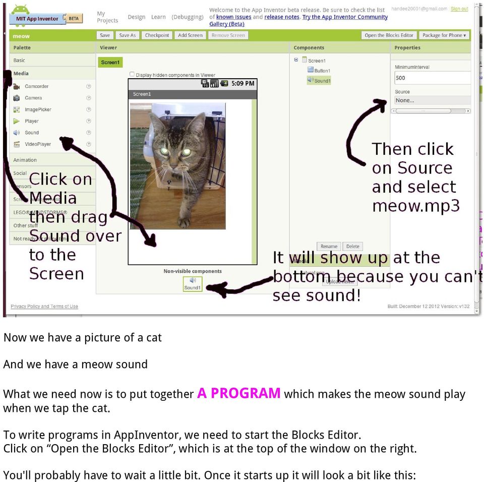 PROGRAM which makes the meow sound play To write programs in AppInventor, we need to start the