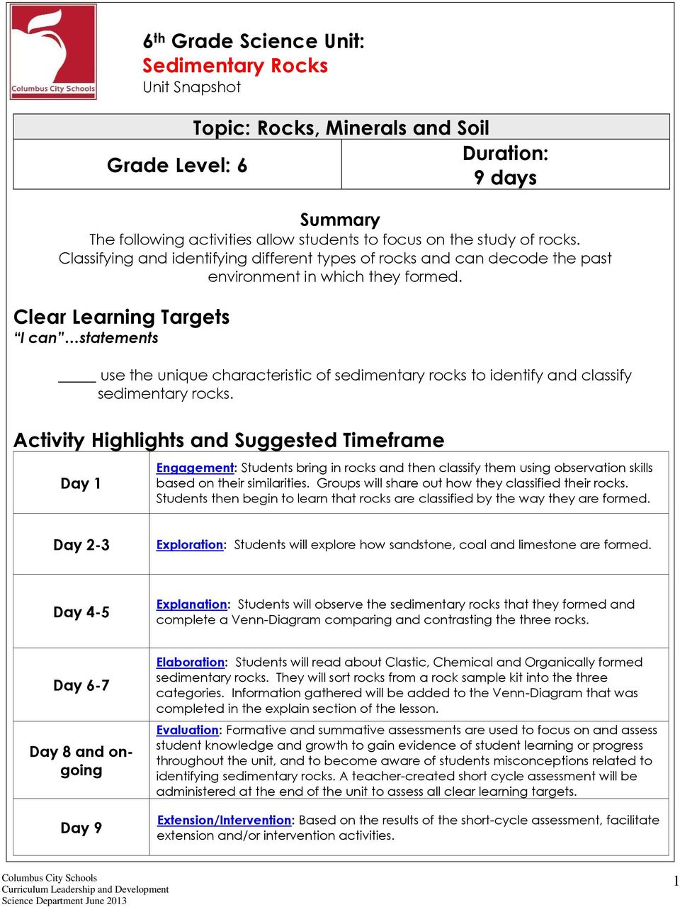 Clear Learning Targets I can statements use the unique characteristic of sedimentary rocks to identify and classify sedimentary rocks.