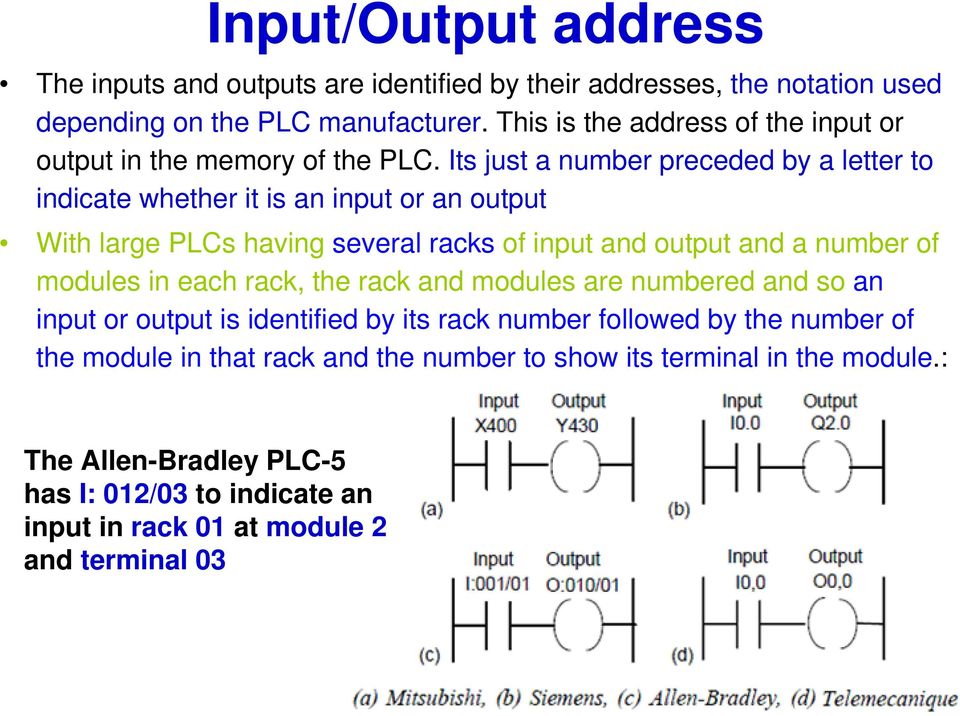 Its just a number preceded by a letter to indicate whether it is an input or an output With large PLCs having several racks of input and output and a number of modules