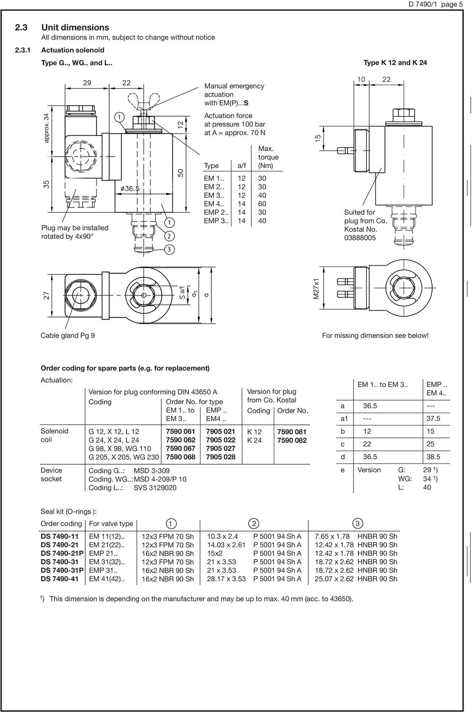 . EMP.. Suited for plug from Co. Kostal No. 08805 M27x1 Cable gland Pg 9 For missing dimension see below! Order coding for spare parts (e.g. for replacement) Actuation: Solenoid coil Device socket Version for plug conforming DIN 46 A Coding Order No.