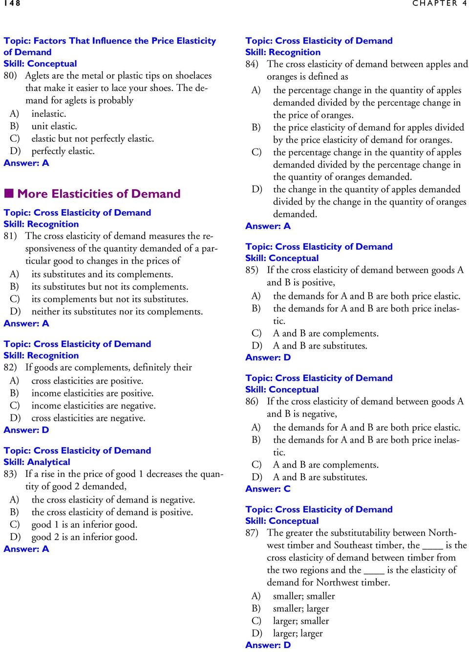 More Elasticities of Demand 81) The cross elasticity of demand measures the responsiveness of the quantity demanded of a particular good to changes in the prices of A) its substitutes and its